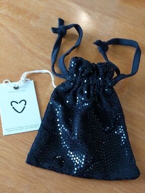 Black Sequin Drawstring Bag Purse By Preloved NWT